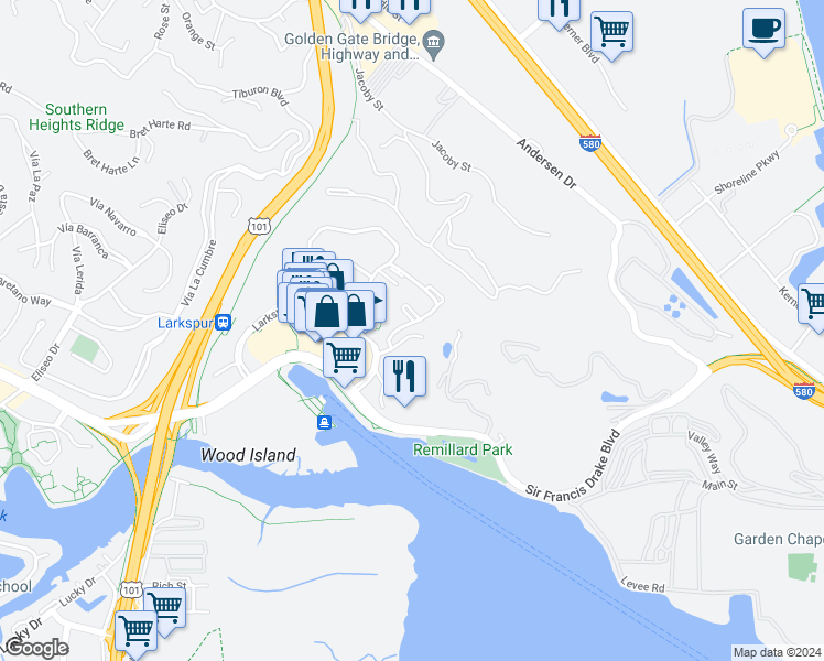 map of restaurants, bars, coffee shops, grocery stores, and more near 17 Drake's Way in Larkspur