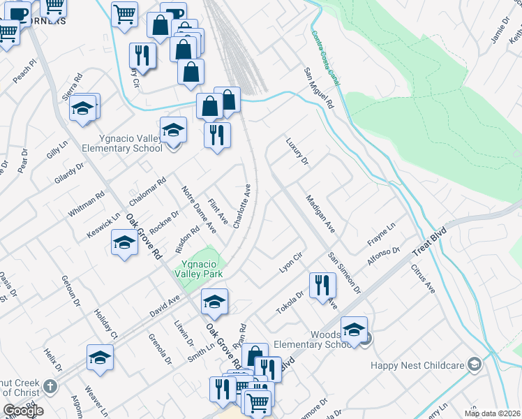 map of restaurants, bars, coffee shops, grocery stores, and more near 2725 Minert Road in Concord