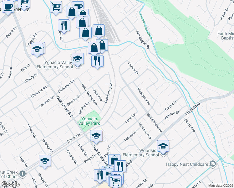map of restaurants, bars, coffee shops, grocery stores, and more near 2745 Minert Road in Concord