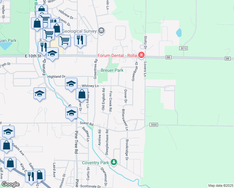 map of restaurants, bars, coffee shops, grocery stores, and more near 1602 Autumn Place in Rolla