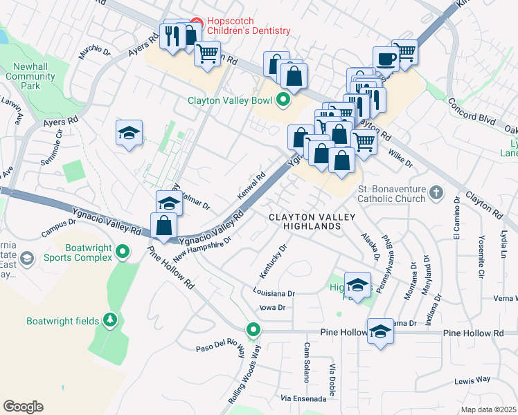 map of restaurants, bars, coffee shops, grocery stores, and more near 5434 Roundtree Court in Concord