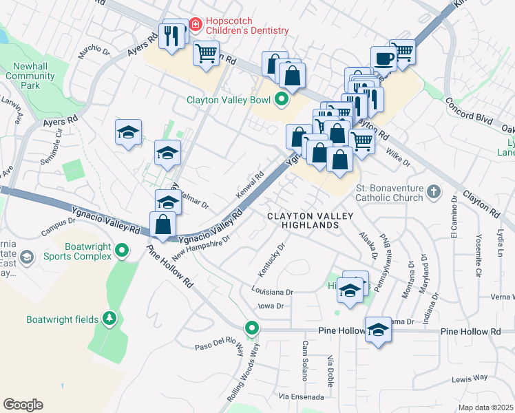 map of restaurants, bars, coffee shops, grocery stores, and more near 5434 Roundtree Court in Concord