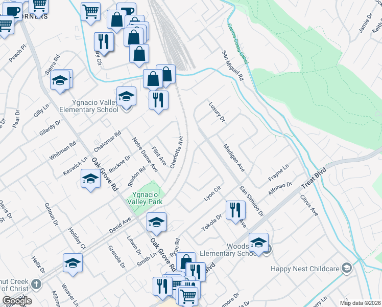 map of restaurants, bars, coffee shops, grocery stores, and more near 2725 Minert Road in Concord