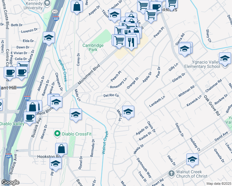 map of restaurants, bars, coffee shops, grocery stores, and more near 1477 Del Rio Circle in Concord