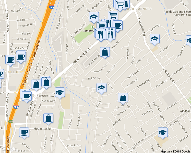 map of restaurants, bars, coffee shops, grocery stores, and more near 1428 Del Rio Circle in Concord