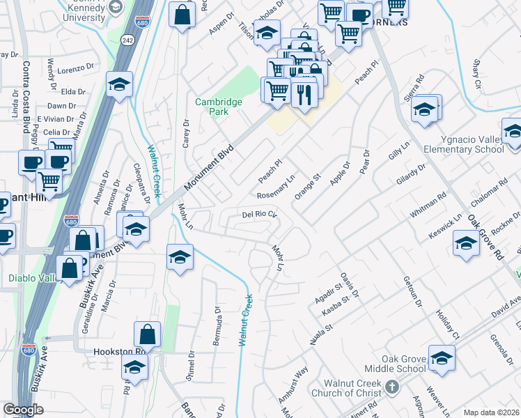 map of restaurants, bars, coffee shops, grocery stores, and more near 1428 Del Rio Circle in Concord