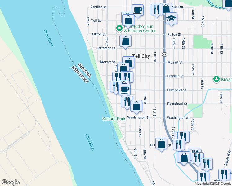 map of restaurants, bars, coffee shops, grocery stores, and more near 409 Main Street in Tell City