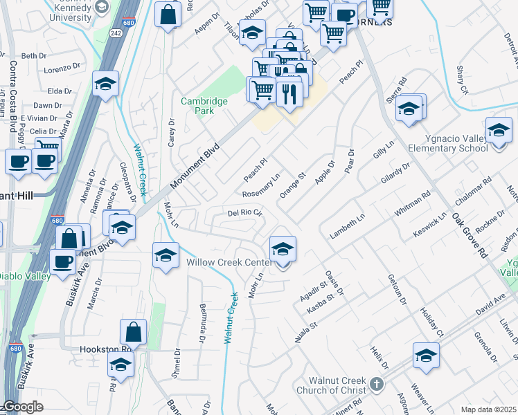 map of restaurants, bars, coffee shops, grocery stores, and more near 1459 Del Rio Circle in Concord