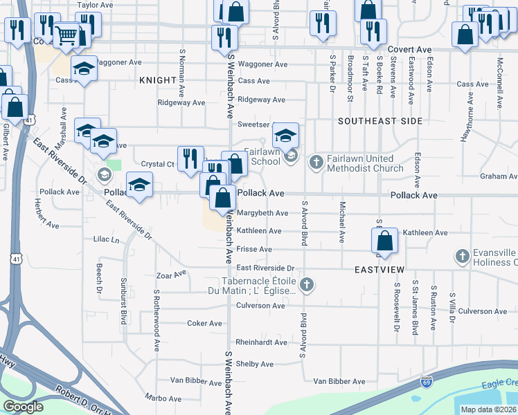 map of restaurants, bars, coffee shops, grocery stores, and more near 2037 Margybeth Avenue in Evansville