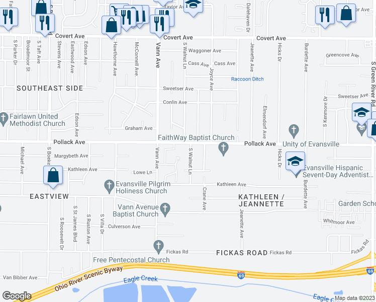 map of restaurants, bars, coffee shops, grocery stores, and more near 2111 South Walnut Lane in Evansville