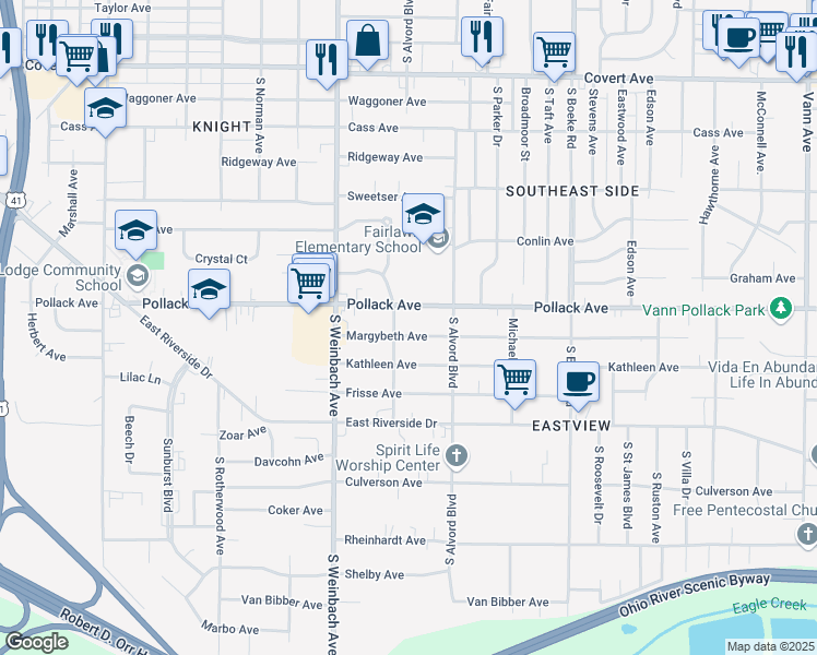 map of restaurants, bars, coffee shops, grocery stores, and more near 2108 Margybeth Avenue in Evansville