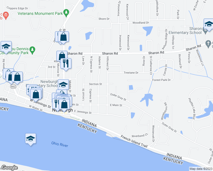 map of restaurants, bars, coffee shops, grocery stores, and more near 525 Section Street in Newburgh