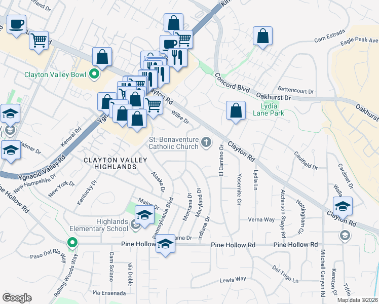 map of restaurants, bars, coffee shops, grocery stores, and more near 1413 Delaware Drive in Concord