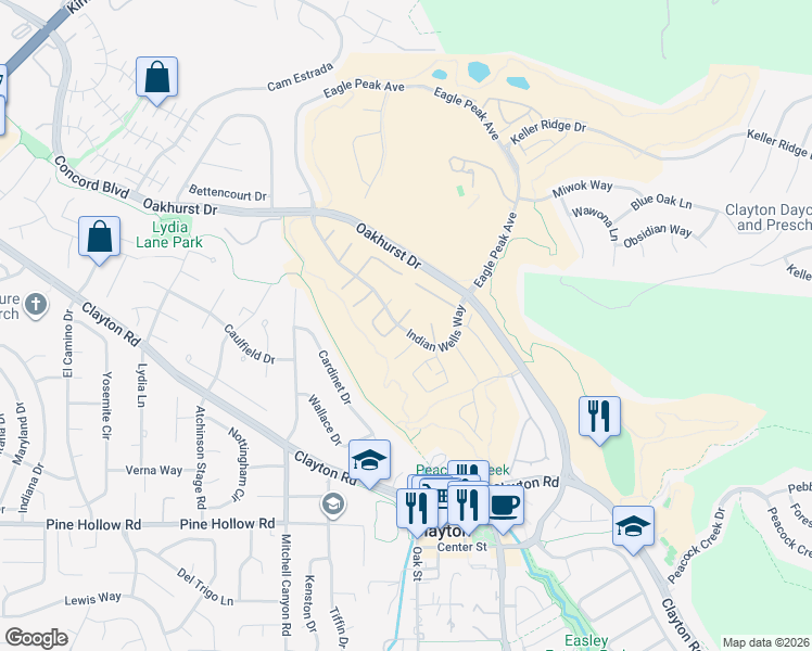 map of restaurants, bars, coffee shops, grocery stores, and more near 1731 Indian Wells Way in Clayton