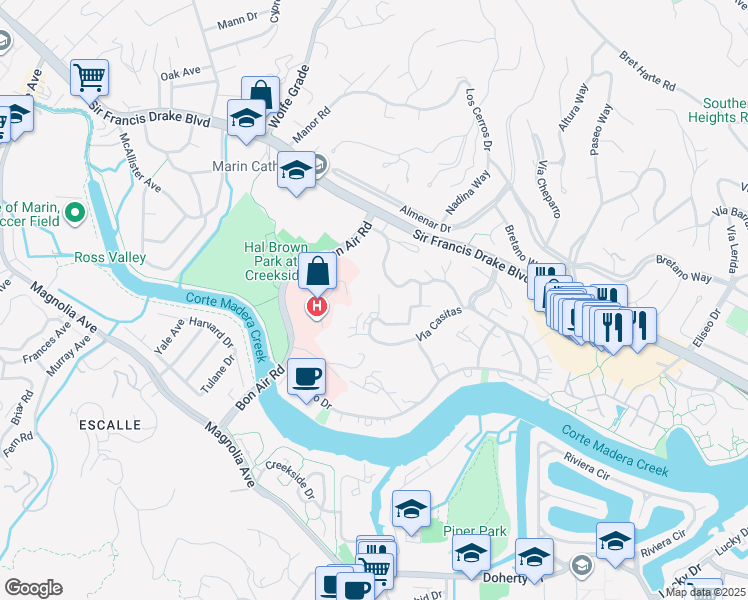 map of restaurants, bars, coffee shops, grocery stores, and more near 616 Vía Casitas in Larkspur