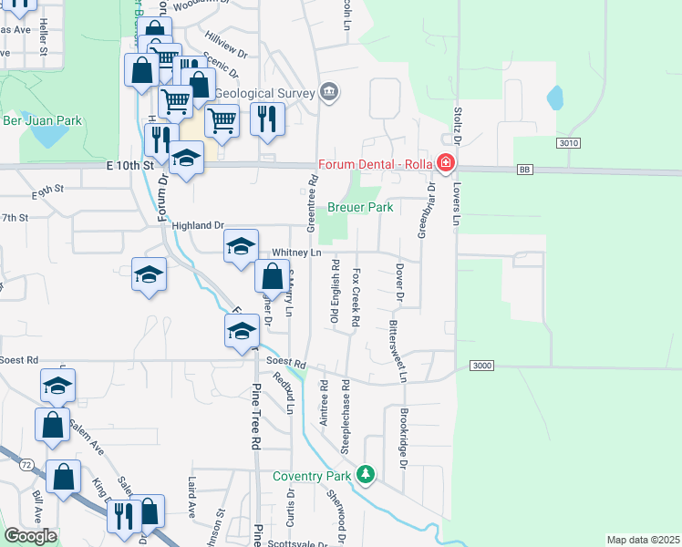 map of restaurants, bars, coffee shops, grocery stores, and more near 404 Old English Road in Rolla