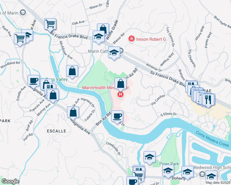 map of restaurants, bars, coffee shops, grocery stores, and more near 250 Bon Air Road in Kentfield