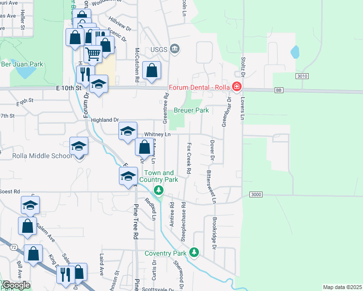 map of restaurants, bars, coffee shops, grocery stores, and more near 401 Old English Road in Rolla