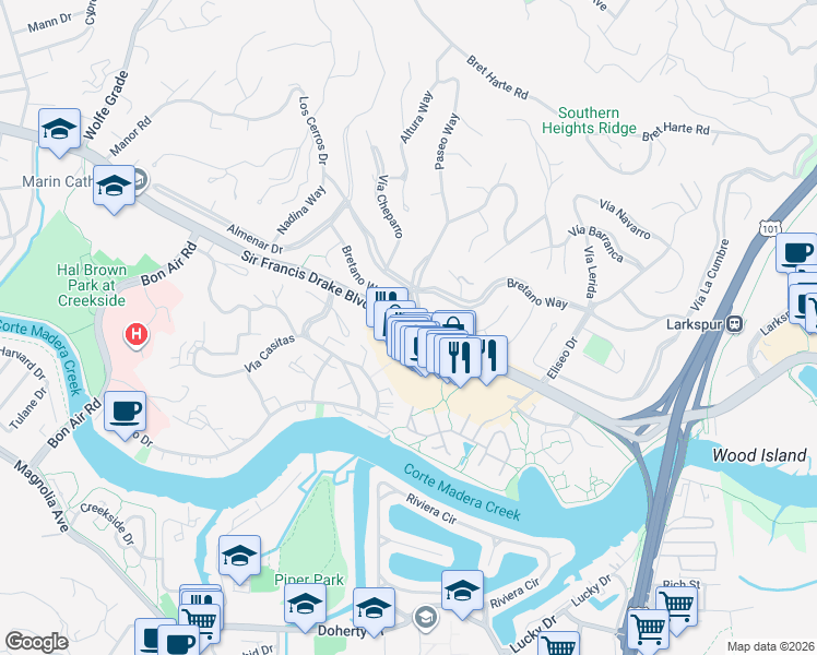 map of restaurants, bars, coffee shops, grocery stores, and more near 575 Sir Francis Drake Boulevard in Larkspur