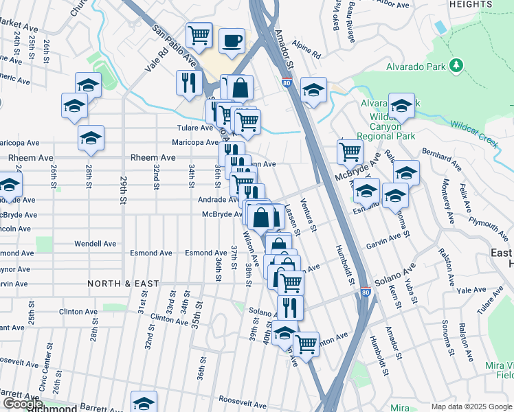 map of restaurants, bars, coffee shops, grocery stores, and more near 3824 McBryde Avenue in Richmond
