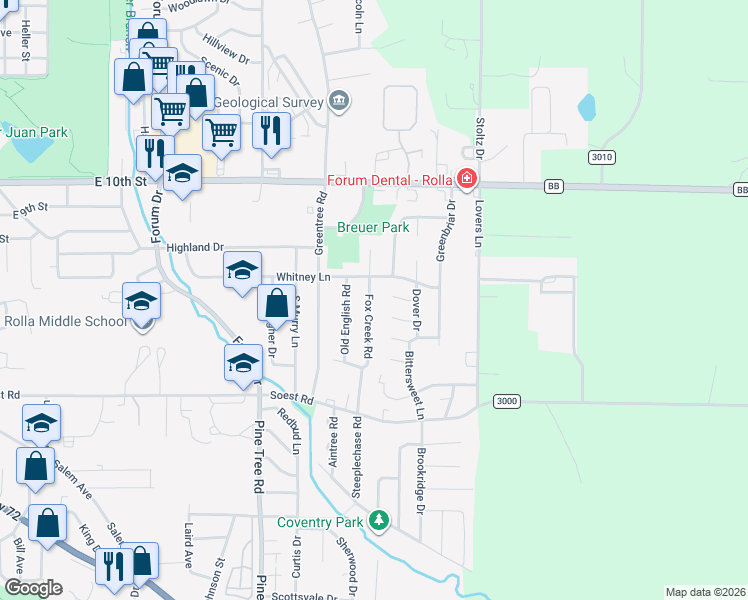 map of restaurants, bars, coffee shops, grocery stores, and more near 400 Fox Creek Road in Rolla
