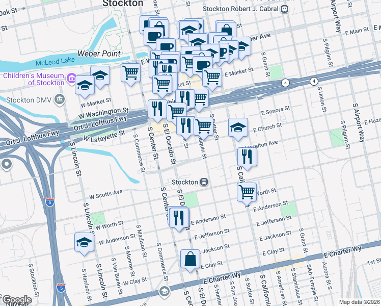 map of restaurants, bars, coffee shops, grocery stores, and more near 529 South Hunter Street in Stockton