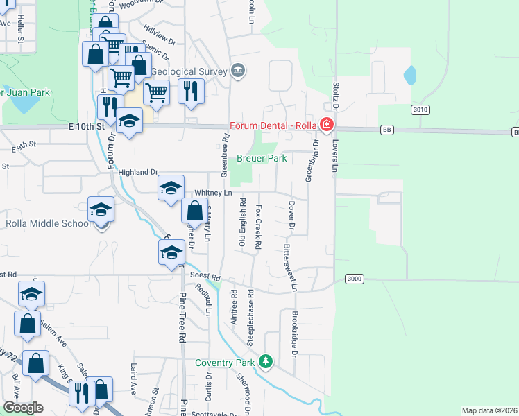 map of restaurants, bars, coffee shops, grocery stores, and more near 400 Fox Creek Road in Rolla