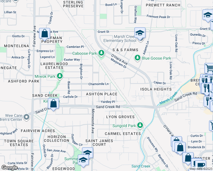 map of restaurants, bars, coffee shops, grocery stores, and more near 982 Chamomile Lane in Brentwood