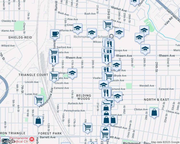map of restaurants, bars, coffee shops, grocery stores, and more near 1921 Coalinga Avenue in Richmond