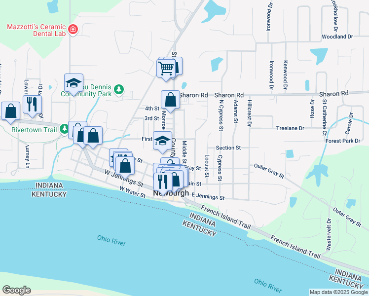 map of restaurants, bars, coffee shops, grocery stores, and more near Middle Street in Newburgh