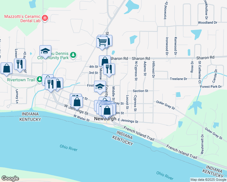 map of restaurants, bars, coffee shops, grocery stores, and more near Middle St in Newburgh