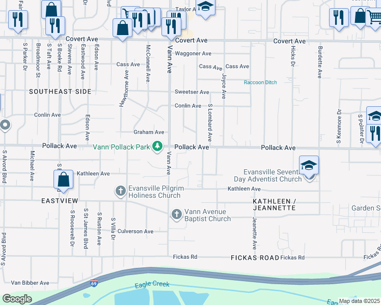 map of restaurants, bars, coffee shops, grocery stores, and more near 3305 Pollack Avenue in Evansville