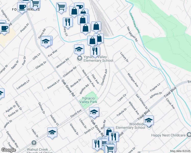 map of restaurants, bars, coffee shops, grocery stores, and more near 928 Flint Avenue in Concord