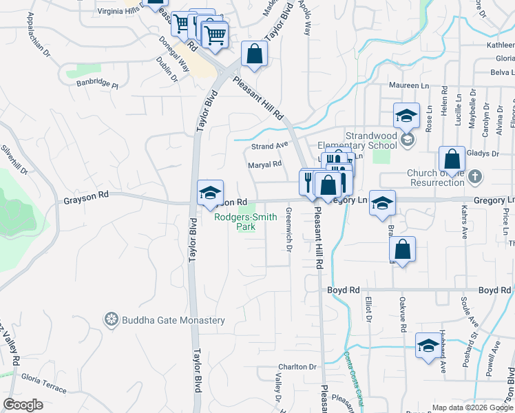 map of restaurants, bars, coffee shops, grocery stores, and more near 726 Grayson Road in Pleasant Hill