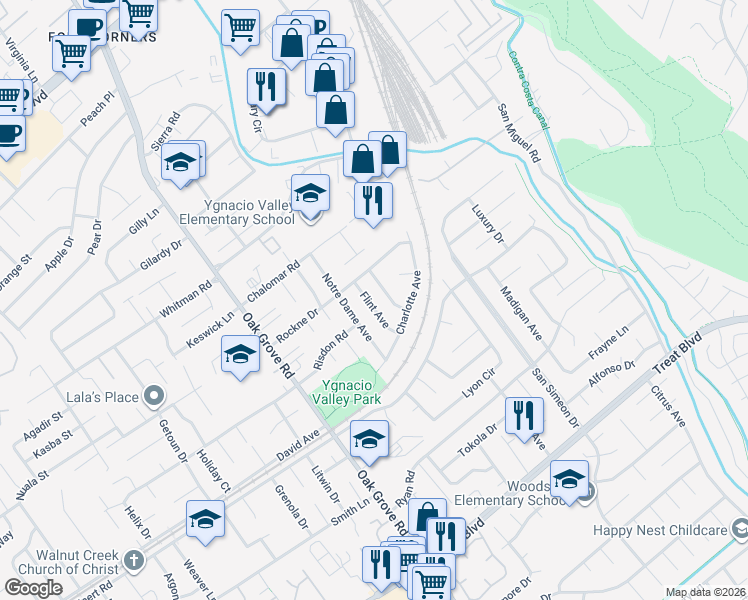 map of restaurants, bars, coffee shops, grocery stores, and more near 928 Flint Avenue in Concord