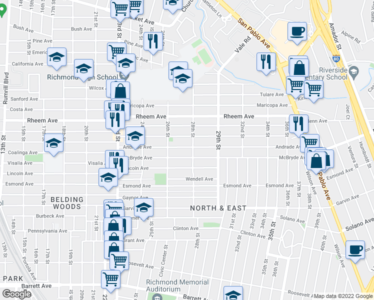 map of restaurants, bars, coffee shops, grocery stores, and more near 2728 Andrade Avenue in Richmond