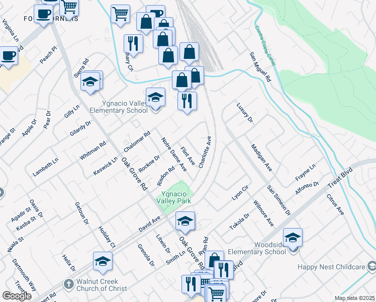 map of restaurants, bars, coffee shops, grocery stores, and more near 928 Flint Avenue in Concord