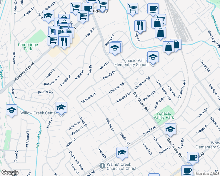 map of restaurants, bars, coffee shops, grocery stores, and more near 1005 Claremont Drive in Concord