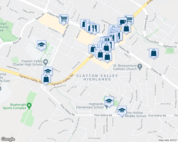 map of restaurants, bars, coffee shops, grocery stores, and more near 5470 Roundtree Drive in Concord