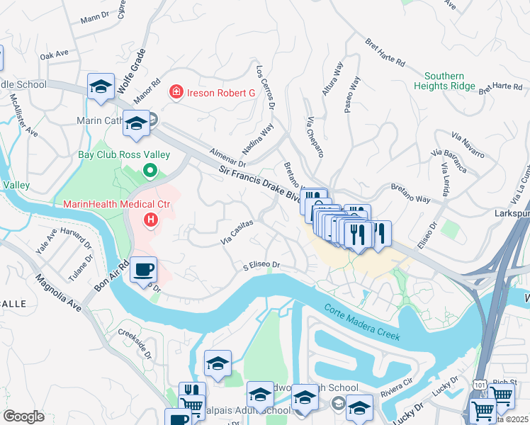 map of restaurants, bars, coffee shops, grocery stores, and more near 343 Vía Casitas in Larkspur