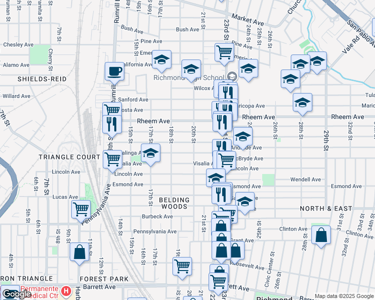 map of restaurants, bars, coffee shops, grocery stores, and more near 1921 Coalinga Avenue in Richmond