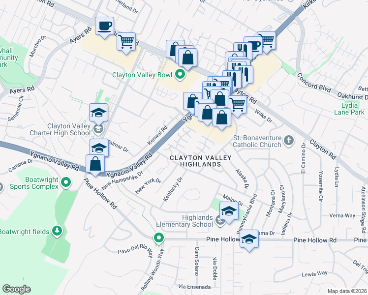 map of restaurants, bars, coffee shops, grocery stores, and more near 5470 Roundtree Drive in Concord