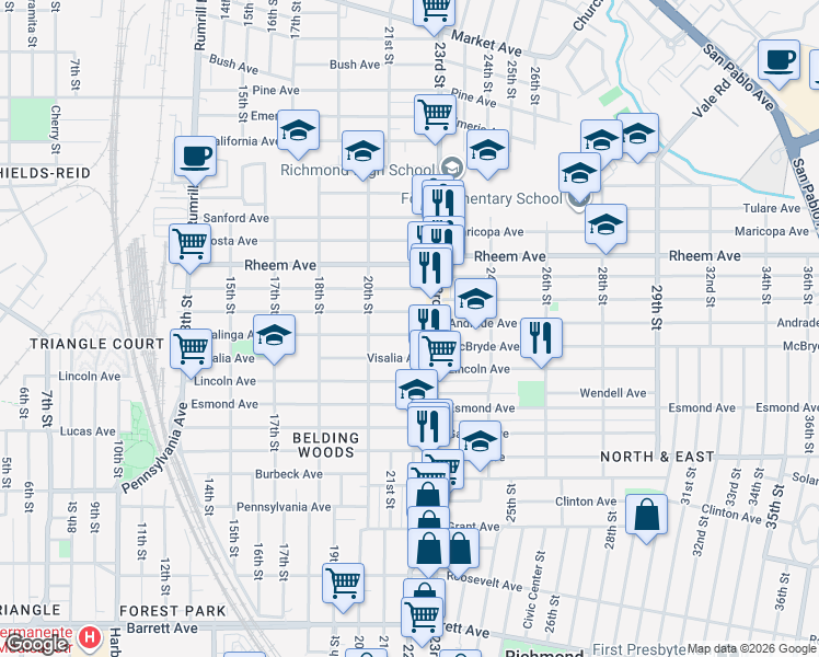 map of restaurants, bars, coffee shops, grocery stores, and more near 2103 Visalia Avenue in Richmond