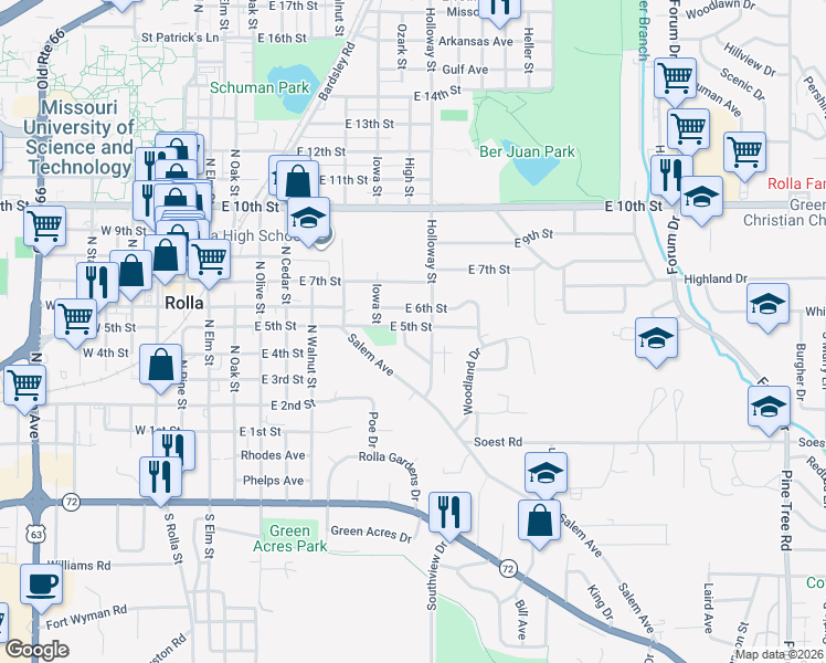 map of restaurants, bars, coffee shops, grocery stores, and more near 802 East 5th Street in Rolla