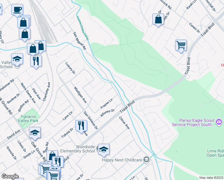 map of restaurants, bars, coffee shops, grocery stores, and more near 827 San Miguel Road in Concord