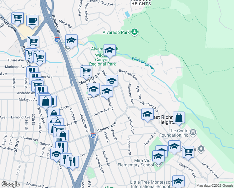 map of restaurants, bars, coffee shops, grocery stores, and more near 6025 Ralston Avenue in Richmond