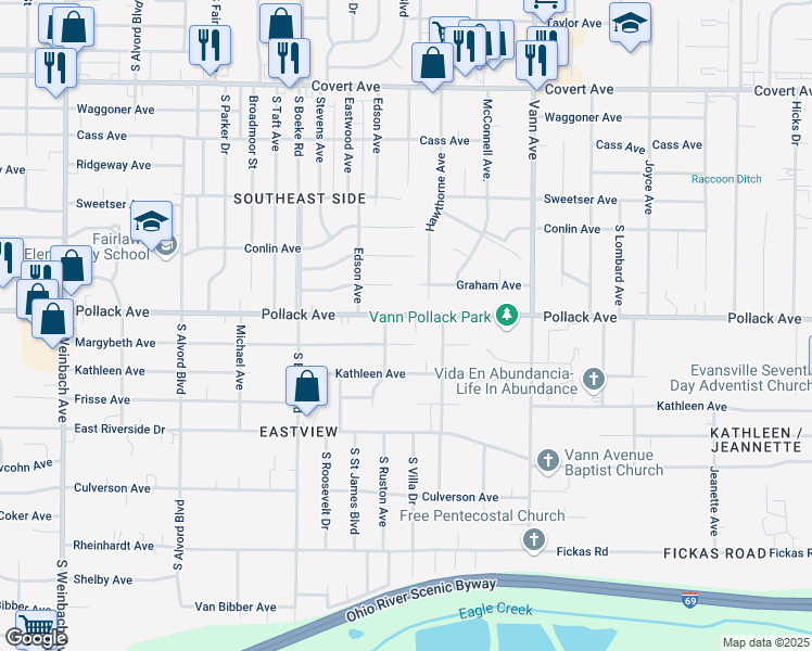 map of restaurants, bars, coffee shops, grocery stores, and more near 2709 Margybeth Avenue in Evansville