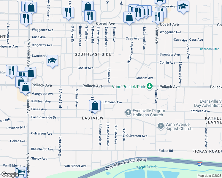 map of restaurants, bars, coffee shops, grocery stores, and more near 2563 Margybeth Avenue in Evansville
