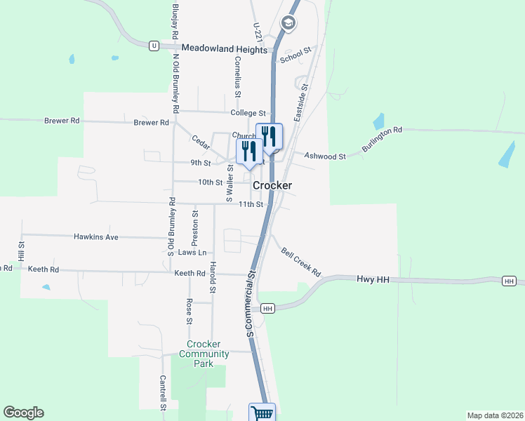 map of restaurants, bars, coffee shops, grocery stores, and more near 200 South Commercial Street in Crocker