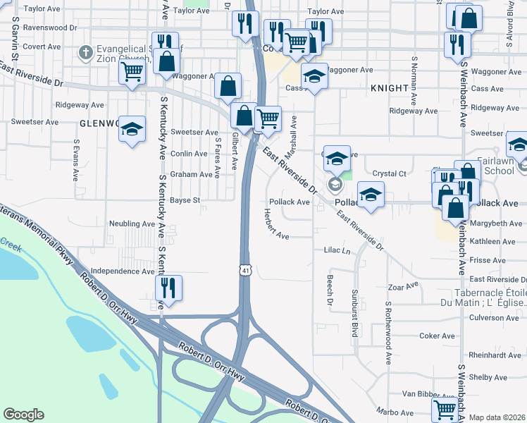map of restaurants, bars, coffee shops, grocery stores, and more near 2109 Herbert Avenue in Evansville